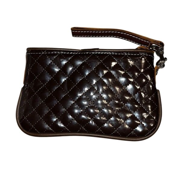 Consuela Quilted Brown Patent w Leather Trim Embroidered Clutch Wristlet NEW - Picture 2 of 14